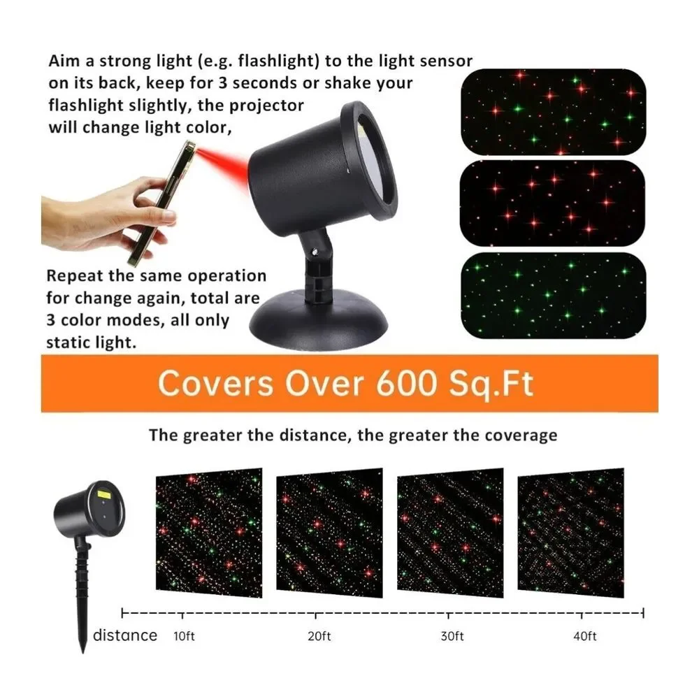 Laser Red & Green Stars LED Projector Light Outdoor‎ Waterproof 600 Sq Ft Garden